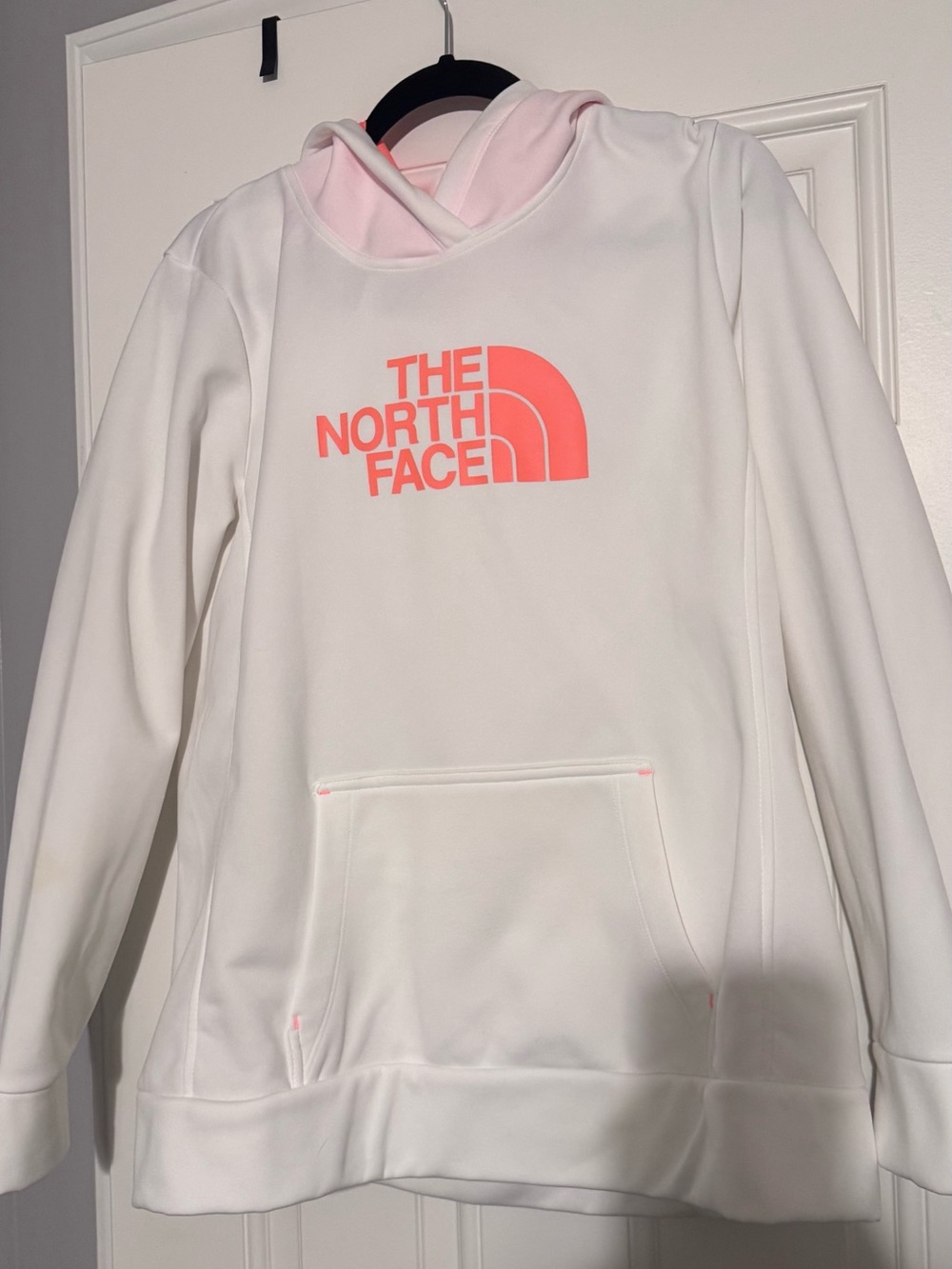 The North Face White Hoodie with orange Logo & Lined Hood